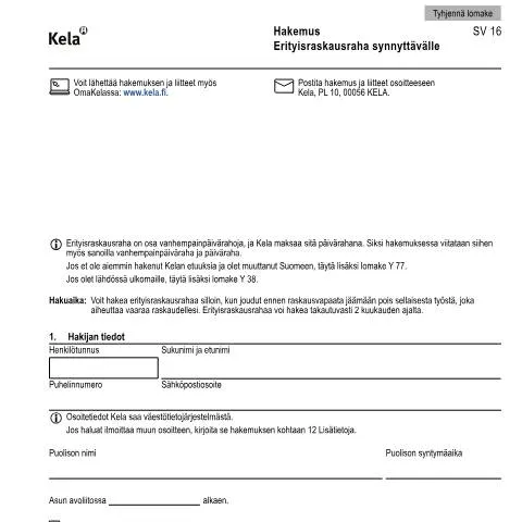 Document preview: Erityisraskausrahan hakeminen ja sen merkitys — Perhe (CERFA n°Kela SV 16)