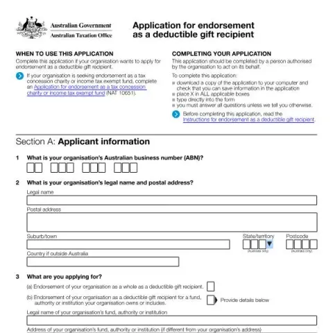 Document preview: How to Apply for Deductible Gift Recipient Endorsement in Australia — Taxes (NAT 2948)
