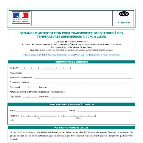 Aperçu du document Autorisation exceptionnelle : transport de viandes hors chaîne du — Démarches administratives (CERFA n°15960*01)