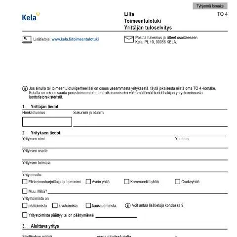 Document preview: Yrittäjän toimeentulotuki ja tuloselvitys — Yritys & ammattilaiset (CERFA n°Kela TO 4)