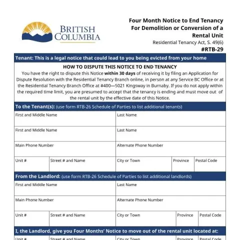 Document preview: Understanding the Four-Month Notice for Demolition or Conversion — Housing (RTB-29)