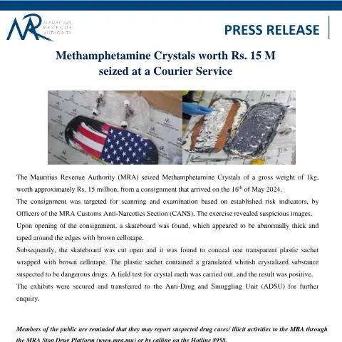 Document preview: Significant Drug Seizure by MRA: Rs. 15 Million Methamphetamine — Government & admin (PressRelease040724)
