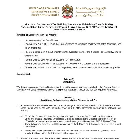 Document preview: Understanding UAE Transfer Pricing Documentation Requirements 2023 — Taxes (CERFA n°Ministerial Decision No (97) of 2023)