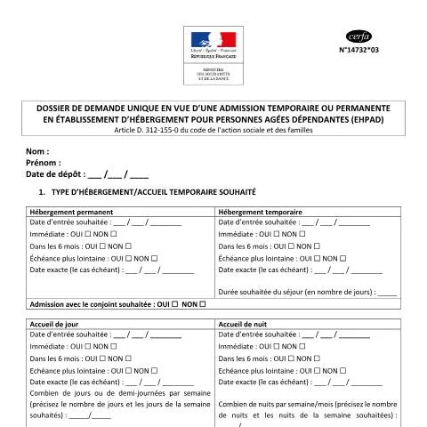 Aperçu du document Formulaire 14732*03 : votre guide pour l'admission en Éhpad — Santé (CERFA n°14732*03)