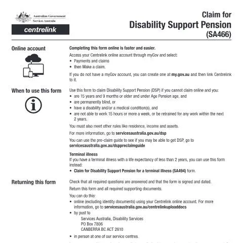 Document preview: Essential Steps for the SA466 Disability Support Pension Application — Work & employment (CERFA n°SA466)