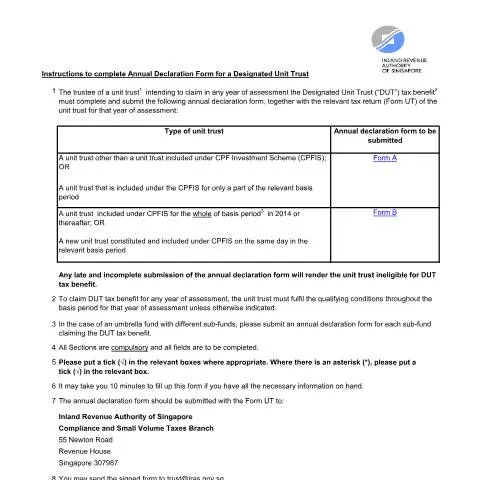 Document preview: Annual Declaration Form for Designated Unit Trust in Singapore — Taxes (CERFA n°ANNUAL-DECLARATION-FORM-FOR-DUT_JUL-2024)