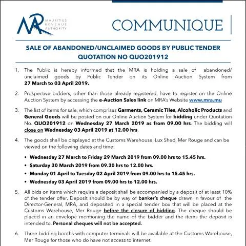Document preview: Explore the Sale of Unclaimed Goods by Public Tender — Government & admin (Communique12of2019)