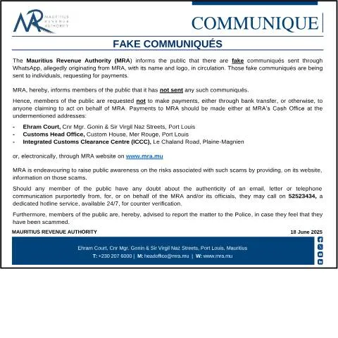 Document preview: Warning: Fake Communications Claiming to Be from MRA — Government & admin (CERFA n°CommuniqueFake180625)