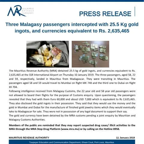 Document preview: Gold and Cash Seized from Malagasy Passengers at Airport — Government & admin (MoneyLaundering110119)