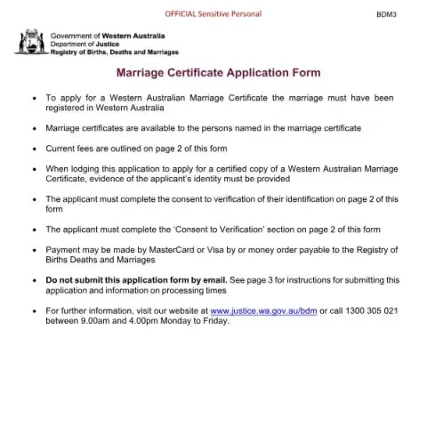 Document preview: How to Apply for a Marriage Certificate in Western Australia — Civil status & identity (BDM3)