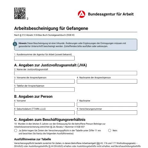 Dokumentvorschau: Wichtige Informationen zur Arbeitsbescheinigung für Gefangene — Familie (CERFA n°ab-gefangene_ba023145)