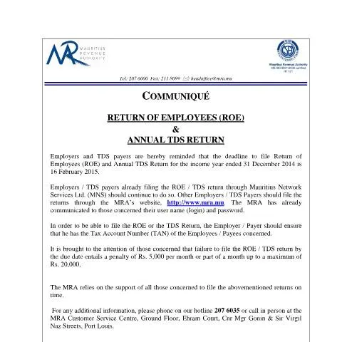 Document preview: Essential Guide to ROE & Annual TDS Returns in Mauritius — Taxes (ROE_20140109)