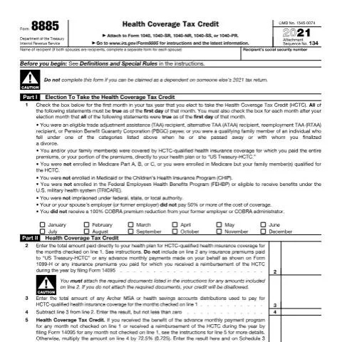 Document preview: Understanding IRS Form 8885 for Health Coverage Tax Credit — Taxes (CERFA n°8885)