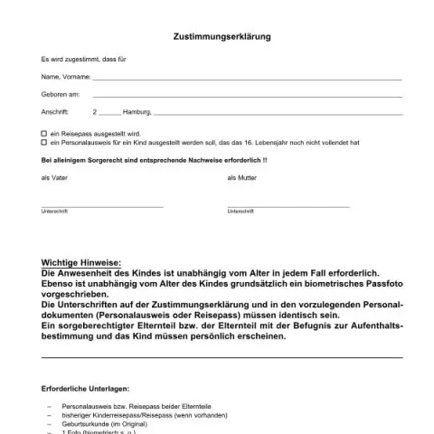 Dokumentvorschau: Zustimmungserklärung für Kinderreisepass oder Personalausweis — Personenstand & Ausweis (6750-6)