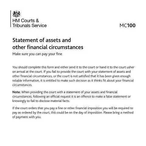 Document preview: MC100 Financial Statement: Essential Guide for UK Court Proceedings — Legal & justice