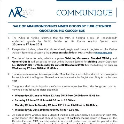 Document preview: Guide to Purchasing Abandoned Goods via Public Tender — Government & admin (CERFA n°CommuniqueQ25of2018)
