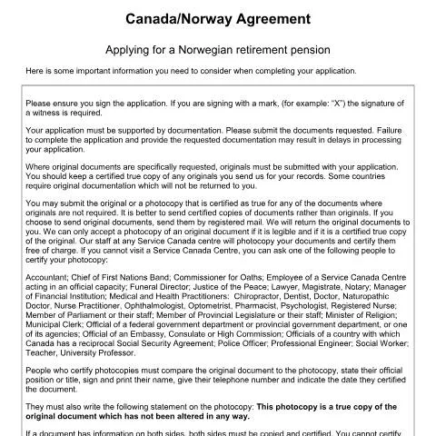 Document preview: Your Guide to the Norway/Canada Retirement Pension Application — Health (CERFA n°NAV_10_01_05)