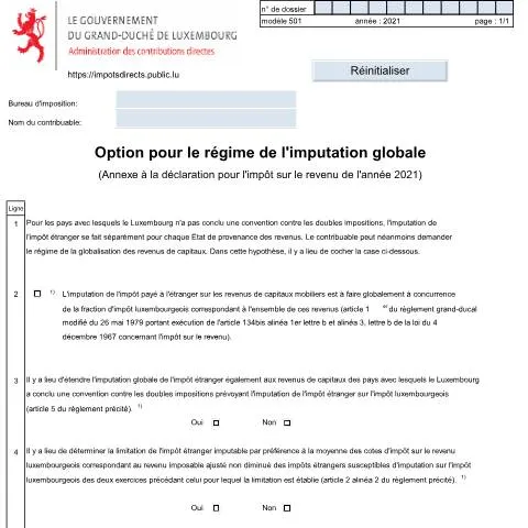 Aperçu du document Comprendre l'imputation globale au Luxembourg — Démarches administratives (CERFA n°501 F)
