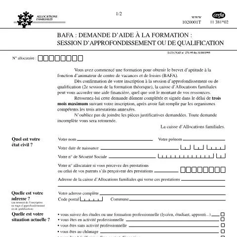 Aperçu du document Aide financière CAF pour la formation BAFA : mode d'emploi — Aides & prestations sociales (CERFA n°11381*02)
