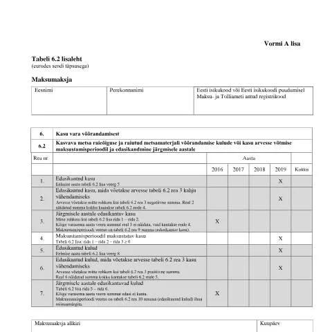 Document preview: Miks on Tabeli 6.2 lisaleht oluline? — Maksud ja maksustamine (CERFA n°VORM A TABEL 6.2 LISALEHT)