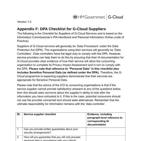 Document preview: Understanding the Data Protection Act Checklist for G-Cloud Suppliers — Government & admin
