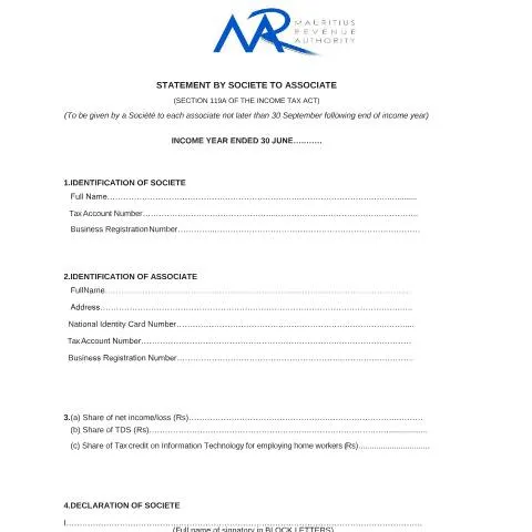 Document preview: Understanding the Statement by Société to Associate in Mauritius — Government & admin (StatementSocieteAssociate2019-20)