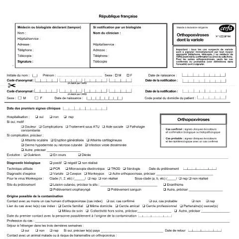 Aperçu du document Signalement obligatoire des orthopoxviroses : procédure et — Santé (CERFA n°12218*04)