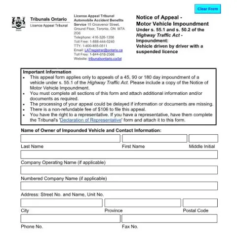 Document preview: Guide to Filing an Appeal for Motor Vehicle Impoundment in Ontario (English / French) — Vehicle & driving (02021E)