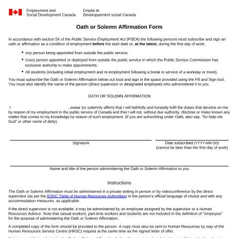 Document preview: Understanding the Oath or Solemn Affirmation in Canada — Government & admin (CERFA n°ESDC-HRB5072)