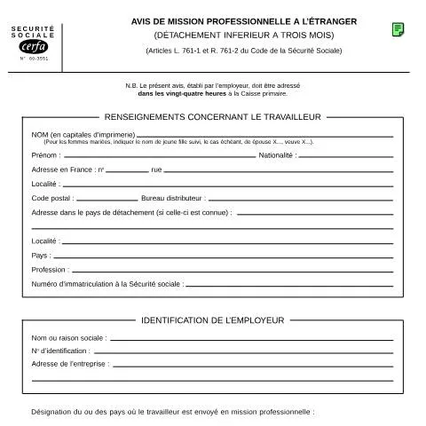 Aperçu du document Avis de mission à l'étranger : quand le formulaire devient obligatoire — Immigration & visas (CERFA n°60-3551)