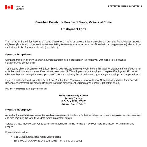 Document preview: Guide to the Canadian Benefit for Parents of Young Victims of Crime — Work & employment (CERFA n°EMP5635)