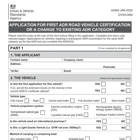 Document preview: UK Vehicle Certification for Dangerous Goods Transport Under ADR — Vehicle & driving