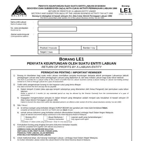 Document preview: Panduan Lengkap Borang LE1 untuk Entiti Labuan — Perniagaan & profesional