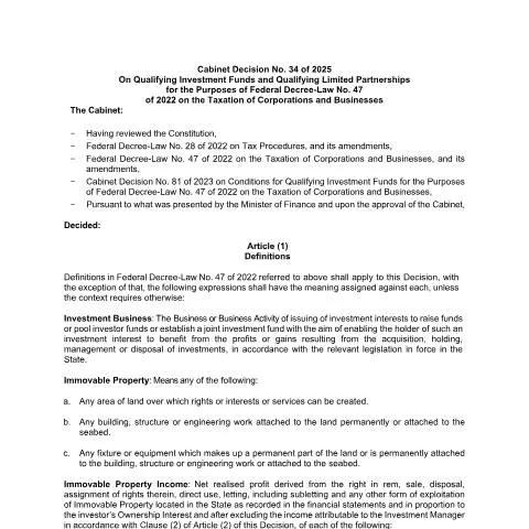 Document preview: Regulations on Qualifying Investment Funds and Limited Partnerships in — Taxes (CERFA n°Cabinet Decision No. 34 of 2025)
