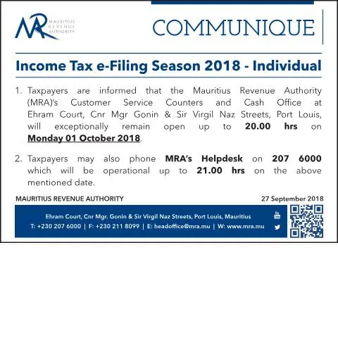 Document preview: Extended Operating Hours for 2018 Income Tax E-Filing Season — Taxes (Communique270918)