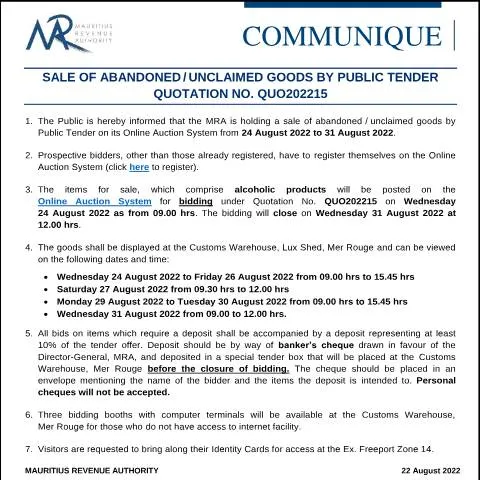 Document preview: Understanding the Sale of Unclaimed Goods in Mauritius — Government & admin (CommuniqueQuo202215)