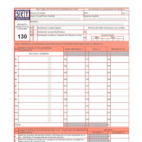 Vista previa del documento Formulario 130 Declaración Jurada Paraguay — Impuestos (CERFA n°F130)