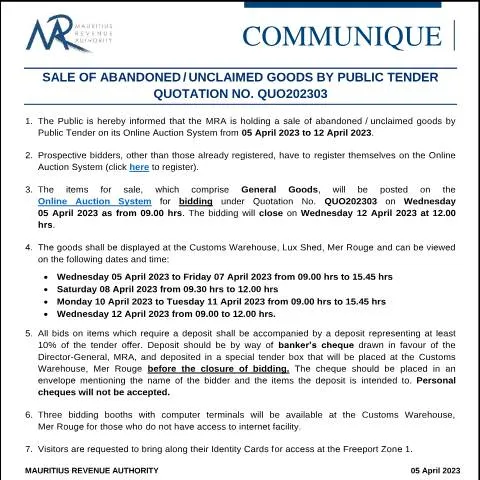 Document preview: Official Notice: Sale of Abandoned and Unclaimed Goods in Mauritius — Government & admin (CommuniqueQuo202303)