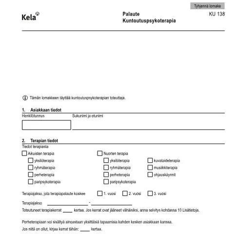 Document preview: Kuntoutuspsykoterapian palaute ja sen merkitys — Terveys (CERFA n°Kela KU 138)