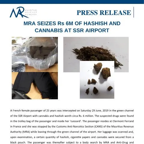 Document preview: Major Drug Seizure by MRA at SSR Airport — Government & admin (CERFA n°PressRelease020719)