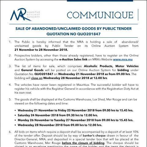 Document preview: Understanding Public Tender Sales of Unclaimed Goods in Mauritius — Government & admin (CERFA n°Communique47of2018)