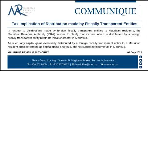 Document preview: Understanding Mauritius Tax Rules for Distributions from Fiscally — Taxes (CommuniqueTaxImplication010722)