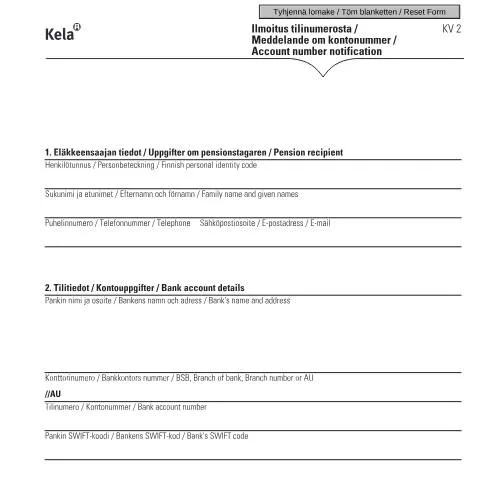 Document preview: Miksi Ilmoitus tilinumerosta on tärkeä eläkehakijoille? — Eläke & eläketurva (CERFA n°Kela KV 2)