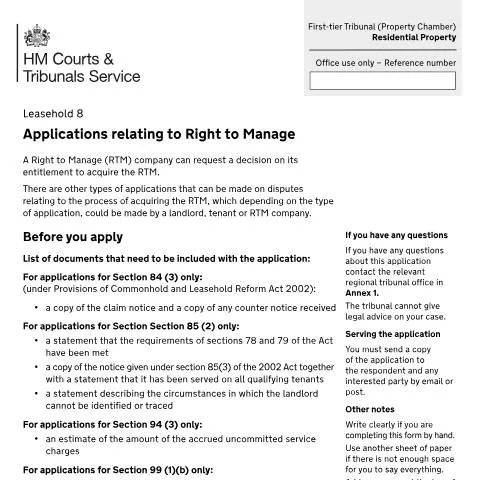 Document preview: Right to Manage Applications: Understanding Form Leasehold 8 — Legal & justice