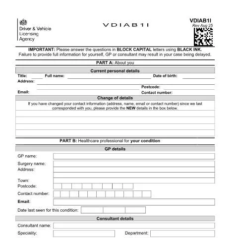 Document preview: DVLA VDIAB1I Medical Declaration: Diabetes and Driving Rights — Vehicle & driving