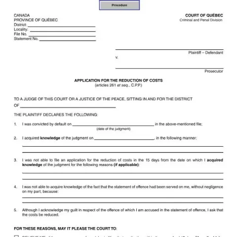 Document preview: How to Apply for Cost Reduction in Quebec Court — Legal & justice (SJ-1197A)