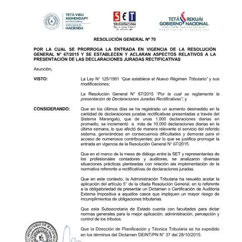 Vista previa del documento Resumen de la RG 70 15: declaraciones rectificativas en Paraguay — Trámites administrativos