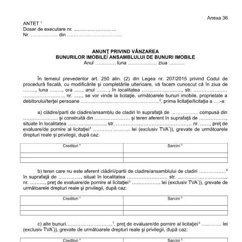 Document preview: Vânzarea bunurilor imobile prin ANAF - OPANAF 63/2017 — Impozite & fiscalitate (CERFA n°A36_OPANAF_63_2017)