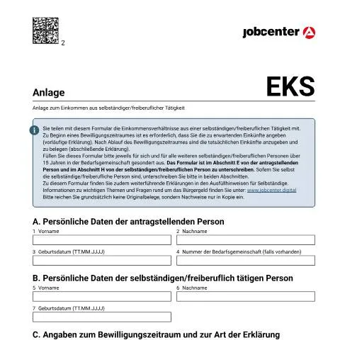 Dokumentvorschau: Wichtigkeit des Formulars Anlage EKS für Selbständige — Steuern (CERFA n°anlageeks_ba033540)