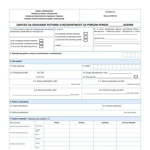 Document preview: Izdavanje potvrde o rezidentnosti fizičkih lica — Porezi i fiskalnost (CERFA n°Obrazac ZCOR 101)
